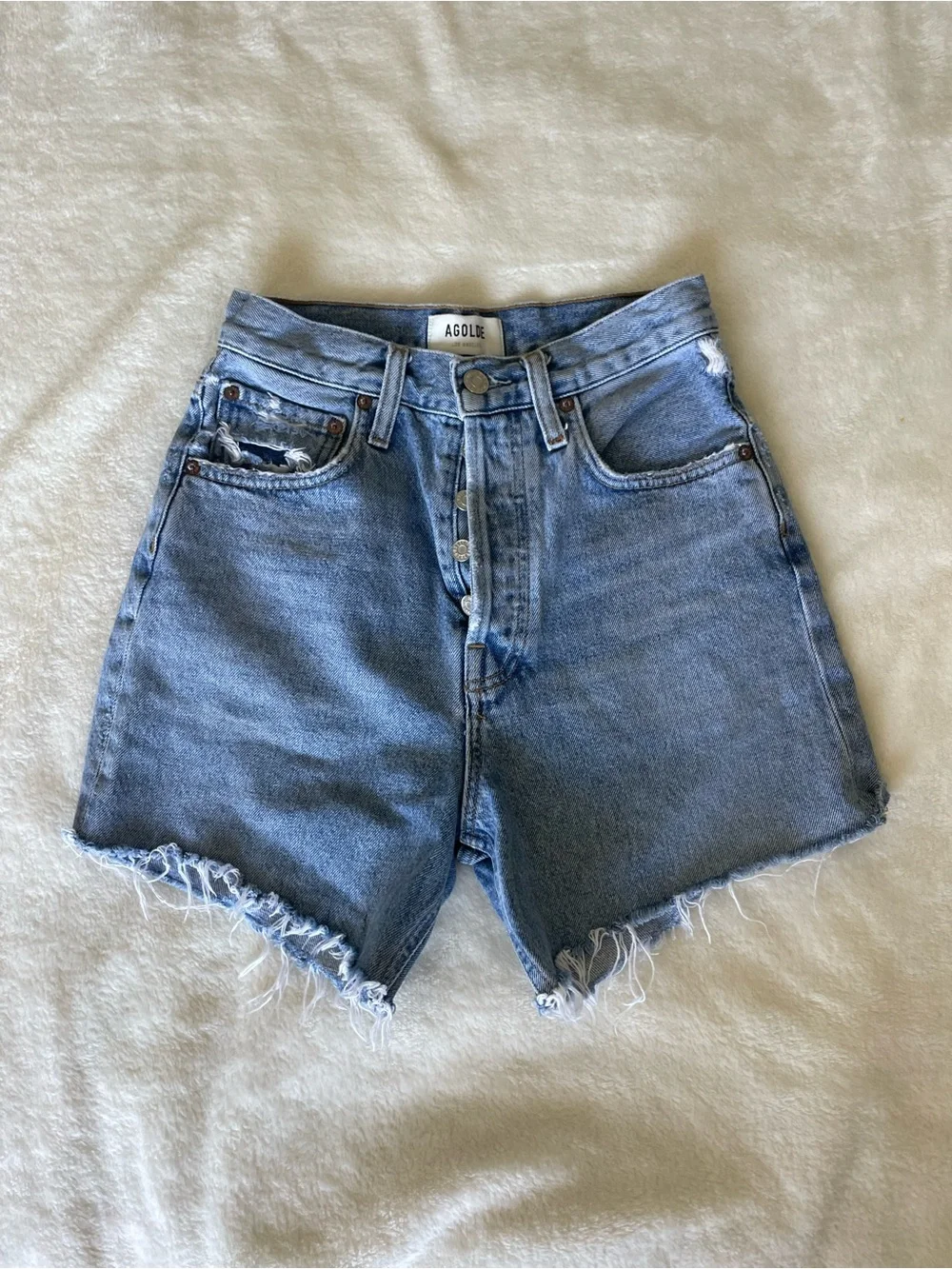 Agolde Riley Light Blue High-Rise Frayed Hem Cutoff Denim Shorts